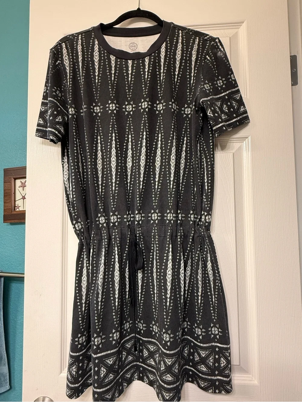 Tory Burch Pima Cotton Black & White Geometric Print Short Sleeve Dress